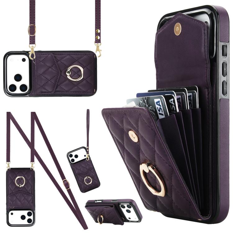 Rhombic Texture Card Bag Phone Case with Long Lanyard, For iPhone 17e / 16e, For iPhone 17 Pro Max, For iPhone 17 Pro, For iPhone 17, For iPhone Air, For iPhone 15 Pro Max