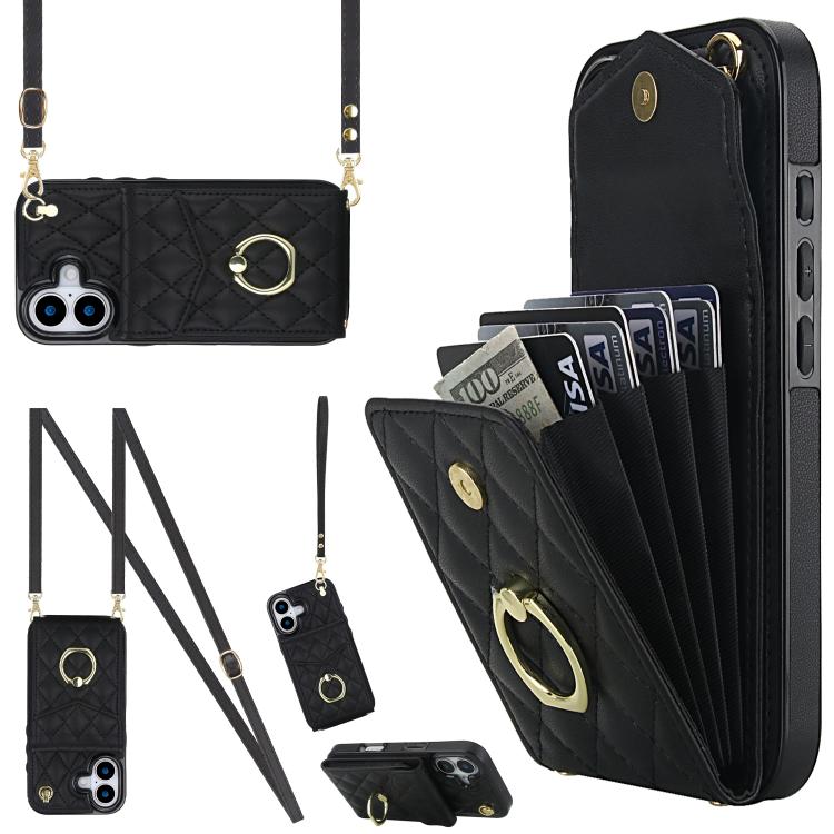 Rhombic Texture Card Bag Phone Case with Long Lanyard, For iPhone 17e / 16e, For iPhone 17 Pro Max, For iPhone 17 Pro, For iPhone 17, For iPhone Air, For iPhone 15 Pro Max