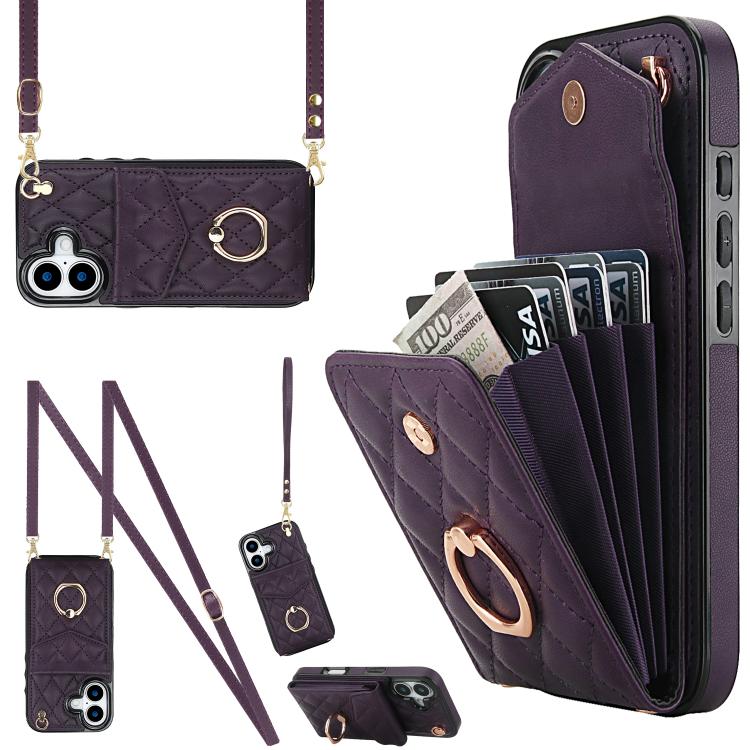 Rhombic Texture Card Bag Phone Case with Long Lanyard, For iPhone 17e / 16e, For iPhone 17 Pro Max, For iPhone 17 Pro, For iPhone 17, For iPhone Air, For iPhone 15 Pro Max