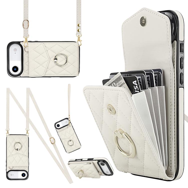Rhombic Texture Card Bag Phone Case with Long Lanyard, For iPhone 17e / 16e, For iPhone 17 Pro Max, For iPhone 17 Pro, For iPhone 17, For iPhone Air, For iPhone 15 Pro Max