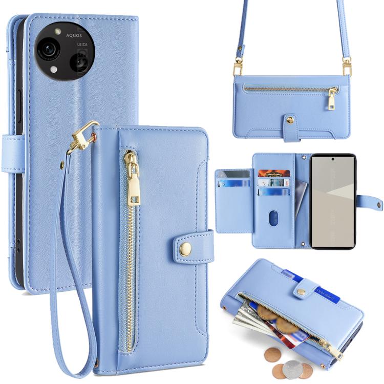 Sheep Texture Cross-body Zipper Wallet Leather Phone Case, For Sharp Aquos R10, For Sharp Aqous wish5, For Sharp Basio Active3, For Sharp Aquos Wish4, For Sharp Aquos R9, For Sharp Aquos R8 Pro SH-51, For Sharp Aquos R8 SH-52D, For Sharp Aqous Wish3