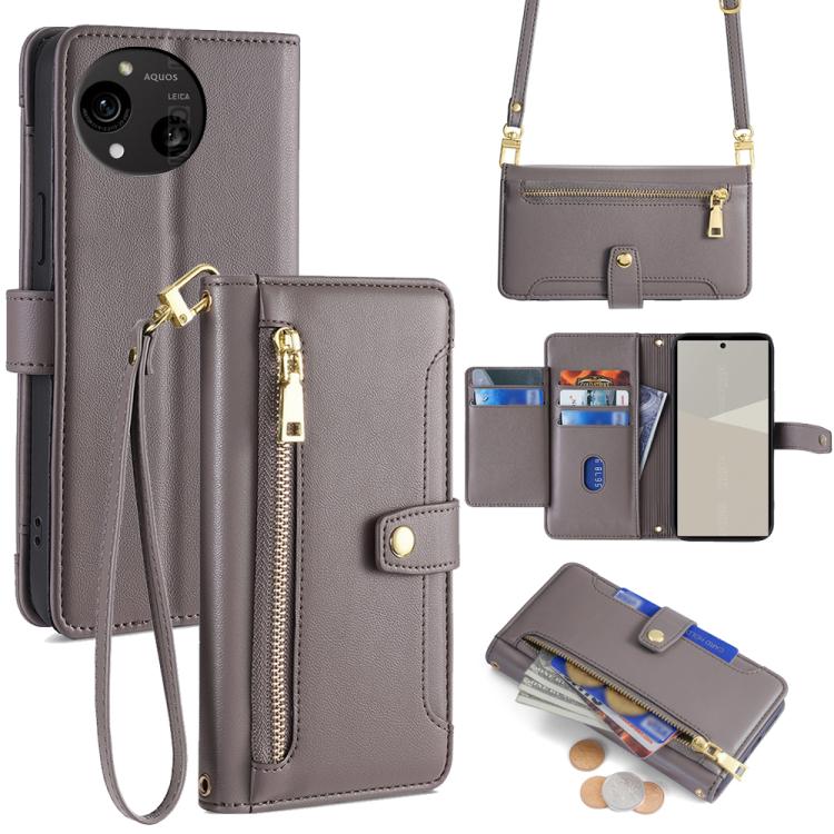Sheep Texture Cross-body Zipper Wallet Leather Phone Case, For Sharp Aquos R10, For Sharp Aqous wish5, For Sharp Basio Active3, For Sharp Aquos Wish4, For Sharp Aquos R9, For Sharp Aquos R8 Pro SH-51, For Sharp Aquos R8 SH-52D, For Sharp Aqous Wish3