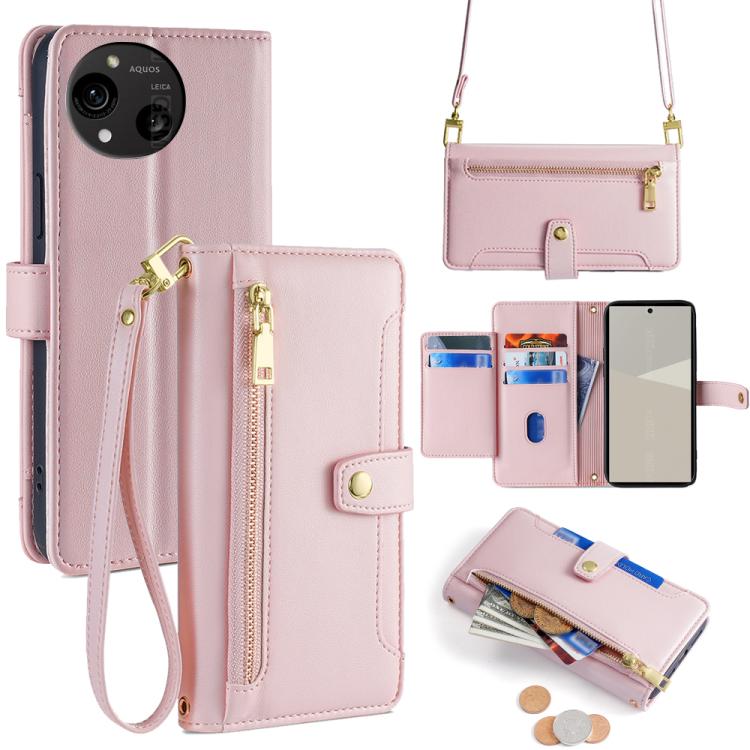 Sheep Texture Cross-body Zipper Wallet Leather Phone Case, For Sharp Aquos R10, For Sharp Aqous wish5, For Sharp Basio Active3, For Sharp Aquos Wish4, For Sharp Aquos R9, For Sharp Aquos R8 Pro SH-51, For Sharp Aquos R8 SH-52D, For Sharp Aqous Wish3