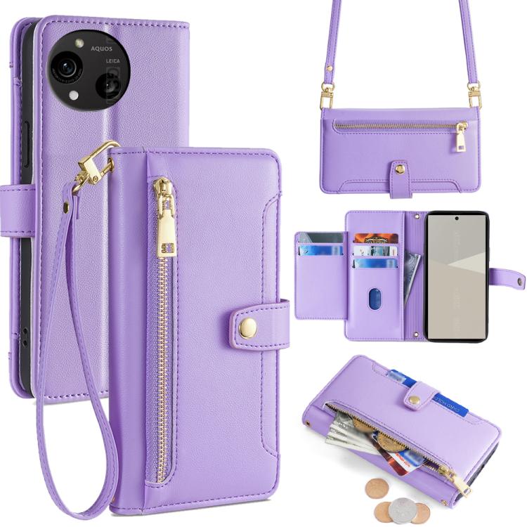Sheep Texture Cross-body Zipper Wallet Leather Phone Case, For Sharp Aquos R10, For Sharp Aqous wish5, For Sharp Basio Active3, For Sharp Aquos Wish4, For Sharp Aquos R9, For Sharp Aquos R8 Pro SH-51, For Sharp Aquos R8 SH-52D, For Sharp Aqous Wish3