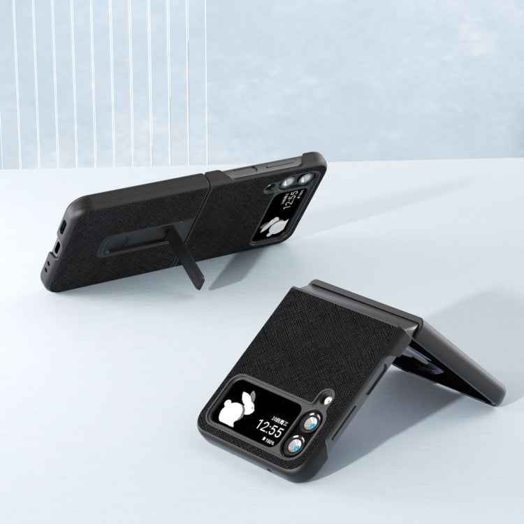 Cross Texture Genuine Leather Phone Case with Holder, For Samsung Galaxy Z Flip4, For Samsung Galaxy Z Flip3 5G