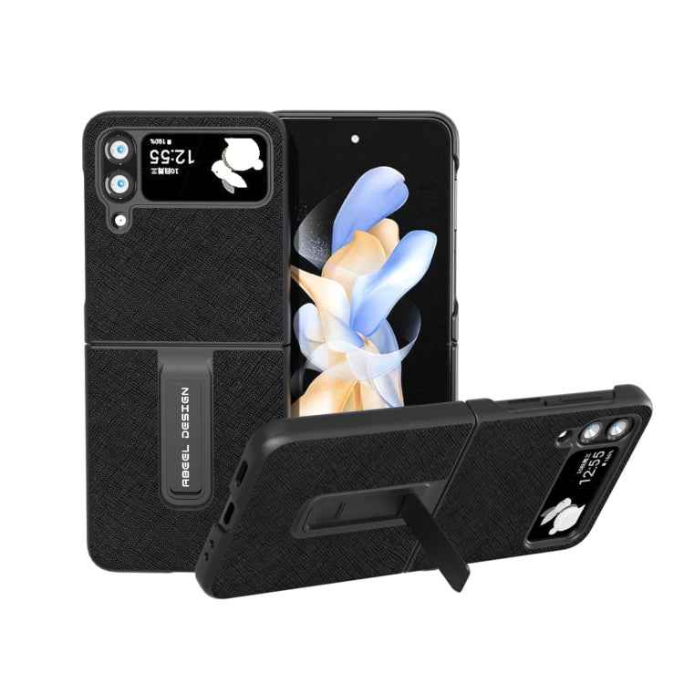 Cross Texture Genuine Leather Phone Case with Holder, For Samsung Galaxy Z Flip4, For Samsung Galaxy Z Flip3 5G