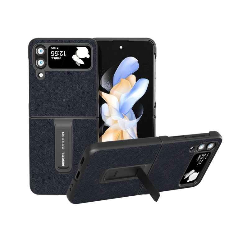 Cross Texture Genuine Leather Phone Case with Holder, For Samsung Galaxy Z Flip4, For Samsung Galaxy Z Flip3 5G