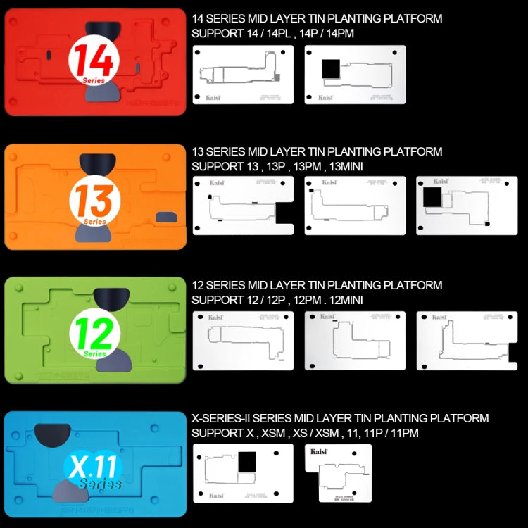 Kaisi 18 in 1 Silicone Middle Layer Tin Planting BGA Reballing Platform for iPhone X-14 Pro Max, Kaisi 18 in 1