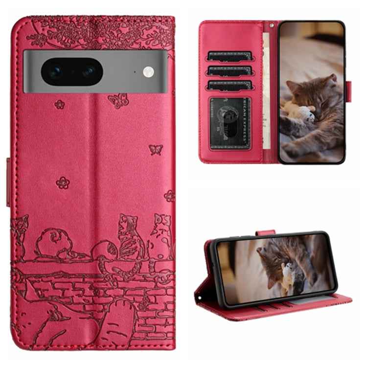 Cat Embossing Pattern Leather Phone Case with Lanyard, For Google Pixel 7 5G