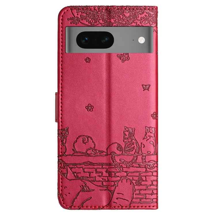 Cat Embossing Pattern Leather Phone Case with Lanyard, For Google Pixel 7 5G
