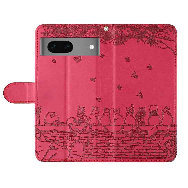 Cat Embossing Pattern Leather Phone Case with Lanyard, For Google Pixel 7 5G