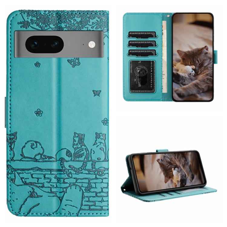 Cat Embossing Pattern Leather Phone Case with Lanyard, For Google Pixel 7 5G