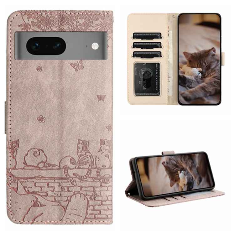 Cat Embossing Pattern Leather Phone Case with Lanyard, For Google Pixel 7 5G