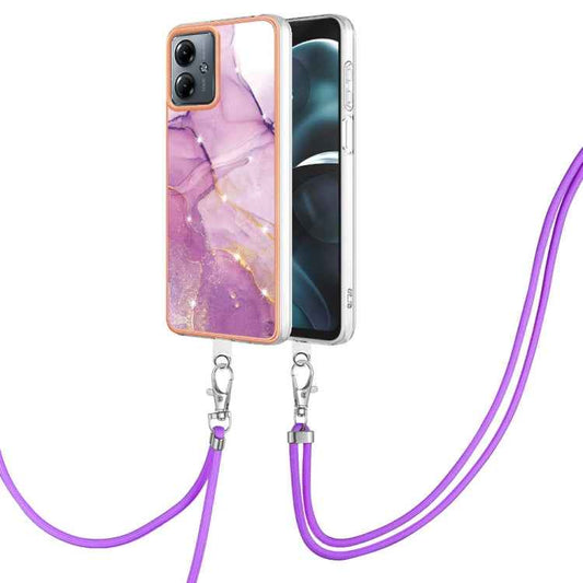 Electroplating Marble Dual-side IMD Phone Case with Lanyard, For Motorola Moto G14, For Motorola Moto E13, For Motorola Moto G53 5G