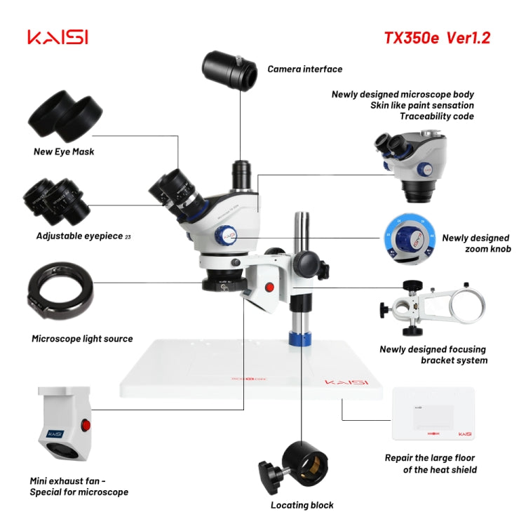 Kaisi TX-350E Ver1.2 7X-50X Microscope Zoom Stereo Microscope with Big Base, Kaisi TX-350E