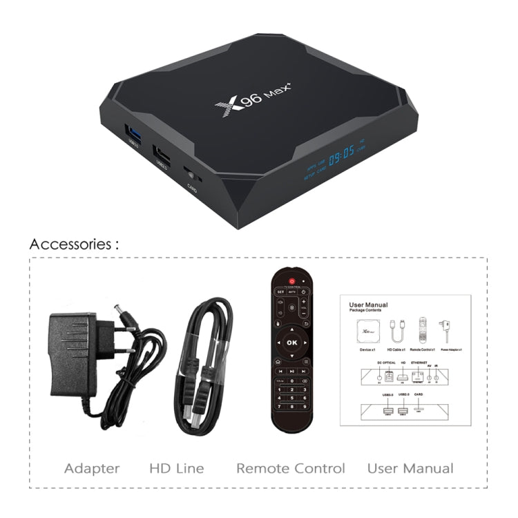X96 max+ 4K Smart TV Box, Android 9.0, Amlogic S905X3 Quad-Core Cortex-A55,4GB+32GB, Support LAN, AV, 2.4G/5G WiFi, USBx2,TF Card,, US Plug, UK Plug, AU Plug