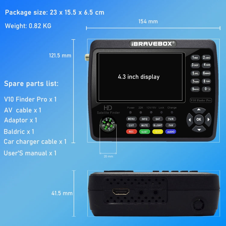 iBRAVEBOX V10 Finder Max 4.3 inch Display Digital Satellite Meter Signal Finder, Support DVB-S/S2/S2X, EU Plug, US Plug, UK Plug, AU Plug