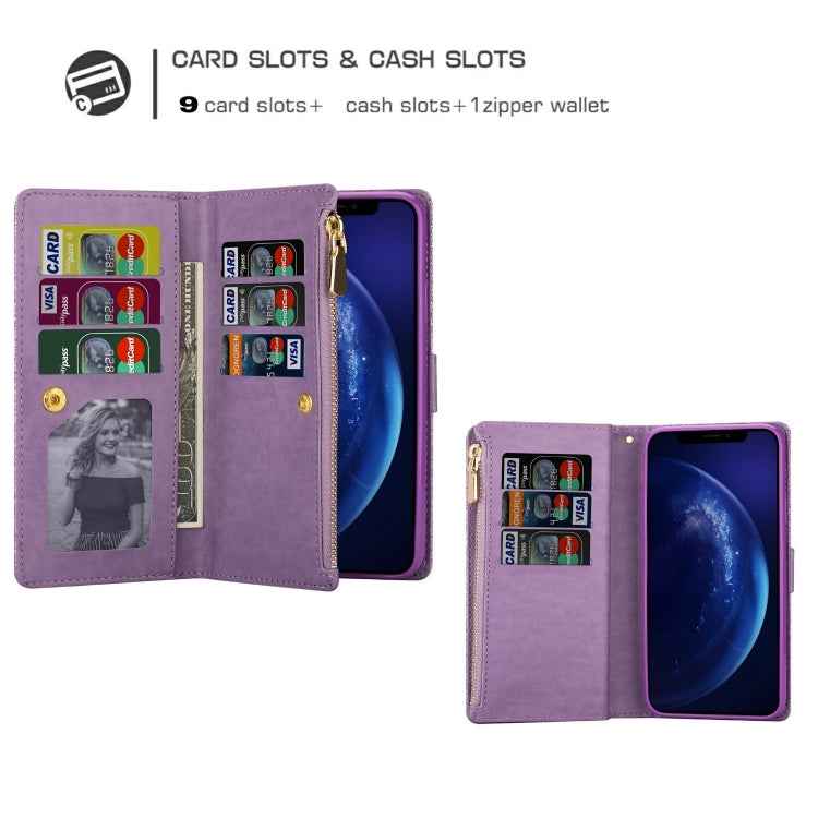 Multi-card Slots Starry Sky Laser Carving Glitter Zipper Horizontal Flip Leather Case with Holder & Wallet & Lanyard, For iPhone 11 Pro Max, For iPhone 11 Pro, For iPhone 11, For iPhone XS Max, For iPhone XR, For iPhone X / XS, For iPhone 8 Plus / 7 Pl...