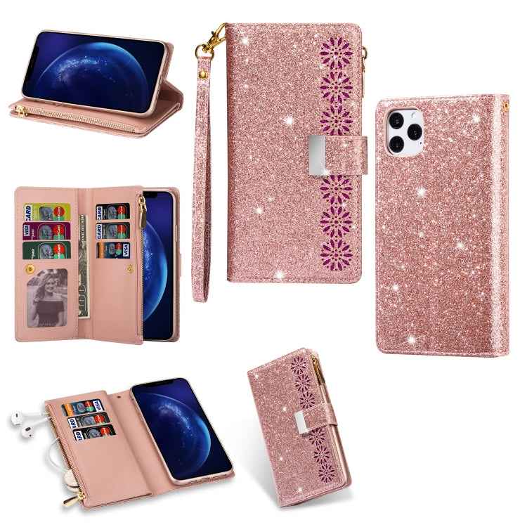 Multi-card Slots Starry Sky Laser Carving Glitter Zipper Horizontal Flip Leather Case with Holder & Wallet & Lanyard, For iPhone 11 Pro Max, For iPhone 11 Pro, For iPhone 11, For iPhone XS Max, For iPhone XR, For iPhone X / XS, For iPhone 8 Plus / 7 Pl...