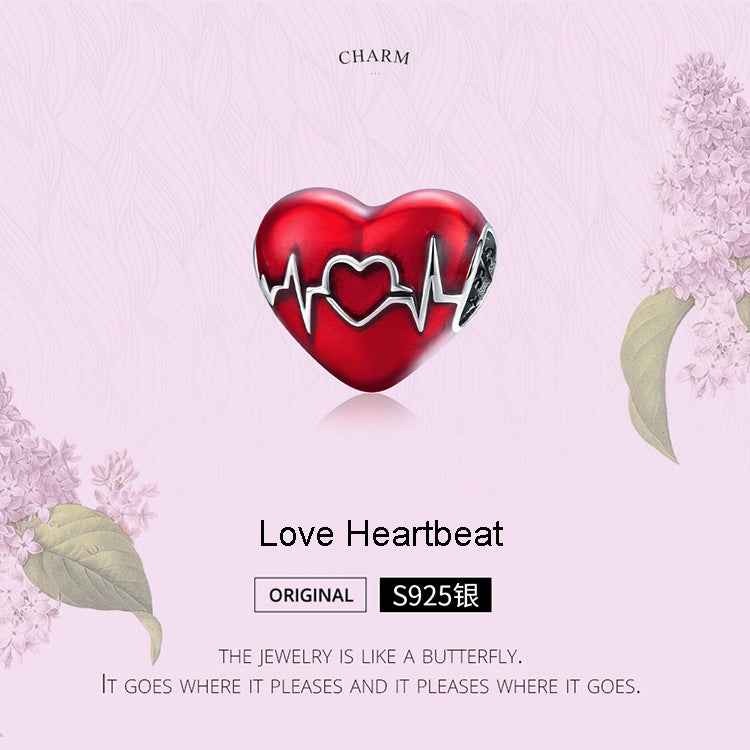 S925 Sterling Silver Pendant Love Heartbeat Red Love Heart Line Illustration Beads DIY Bracelet Necklace Accessories