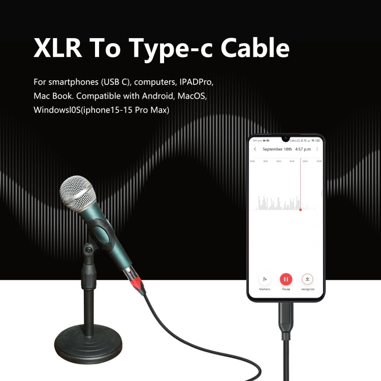 TY03RE Type-C Male to XLR Female Audio Cable for Dynamic Microphone, 1m, 2m, 3m