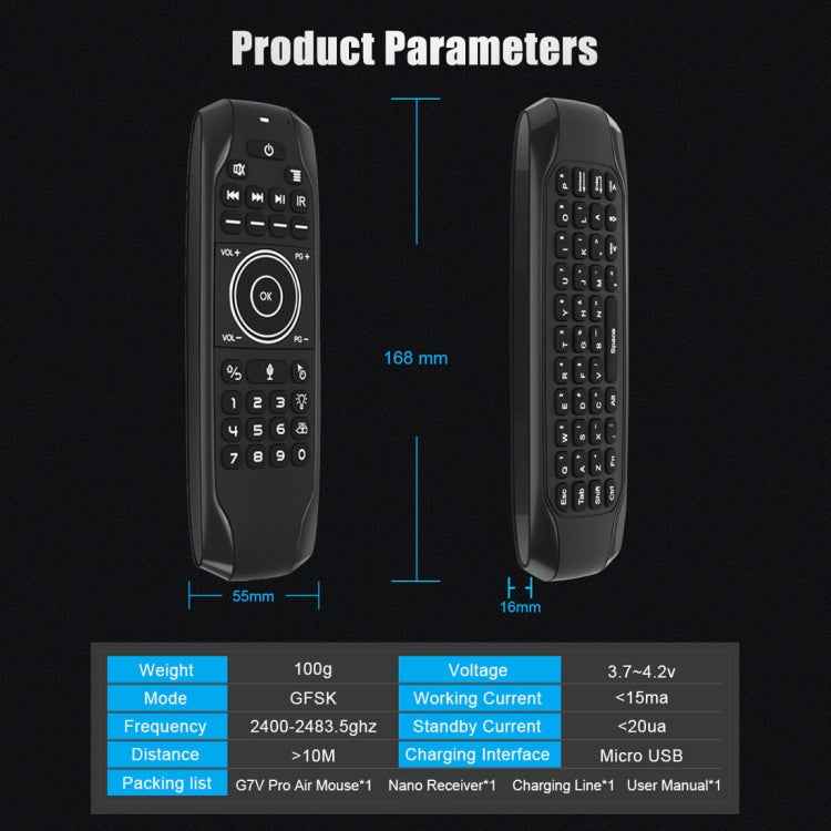 G7V Pro 2.4GHz Fly Air Mouse LED Backlight Wireless Keyboard Remote Control with Gyroscope for Android TV Box / PC, Support Intelligent Voice