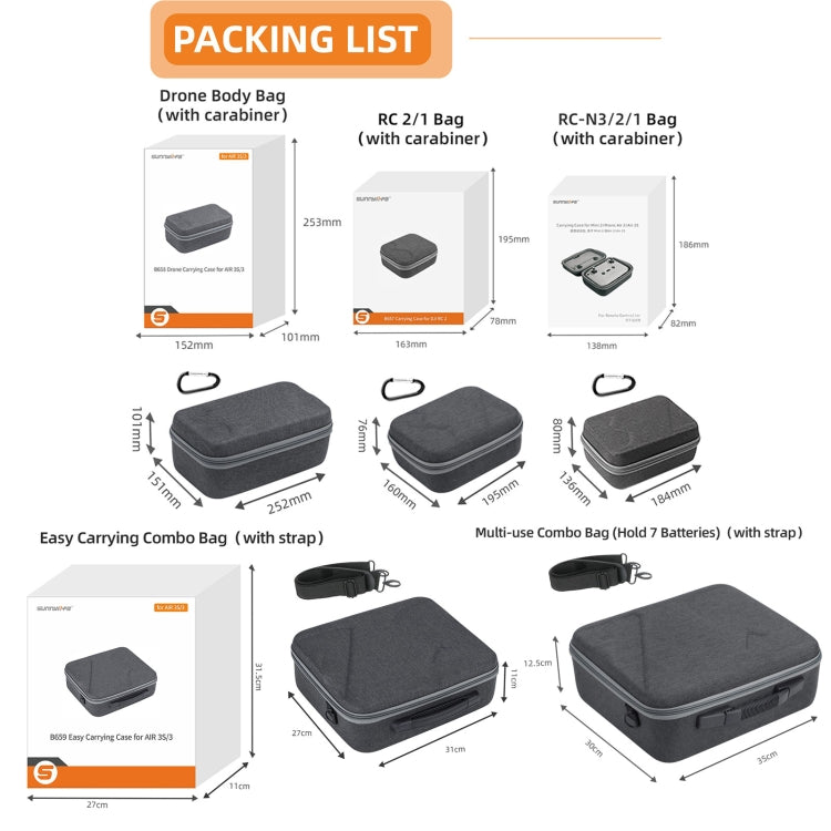 Sunnylife Carrying Case Bag, B657 For DJI RC 2 / 1 Control Bag, A3-B658 Drone Body Bag, A3-B659 Simplified Bag, A3-B660 Batteries Bag