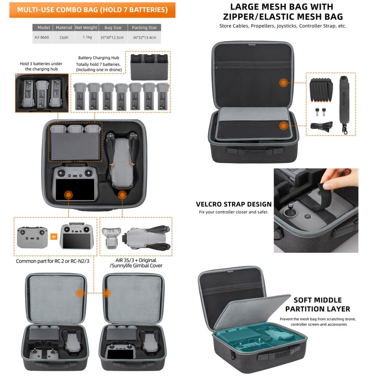 Sunnylife Carrying Case Bag, B657 For DJI RC 2 / 1 Control Bag, A3-B658 Drone Body Bag, A3-B659 Simplified Bag, A3-B660 Batteries Bag