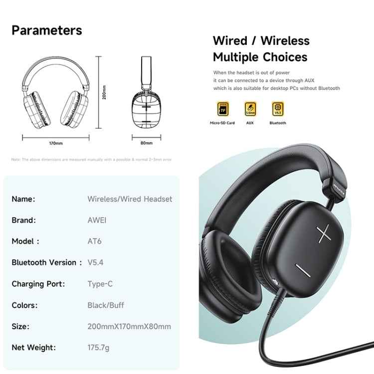 awei AT6 Wireless Bluetooth V5.4 Hi-Fi Stereo Headphones