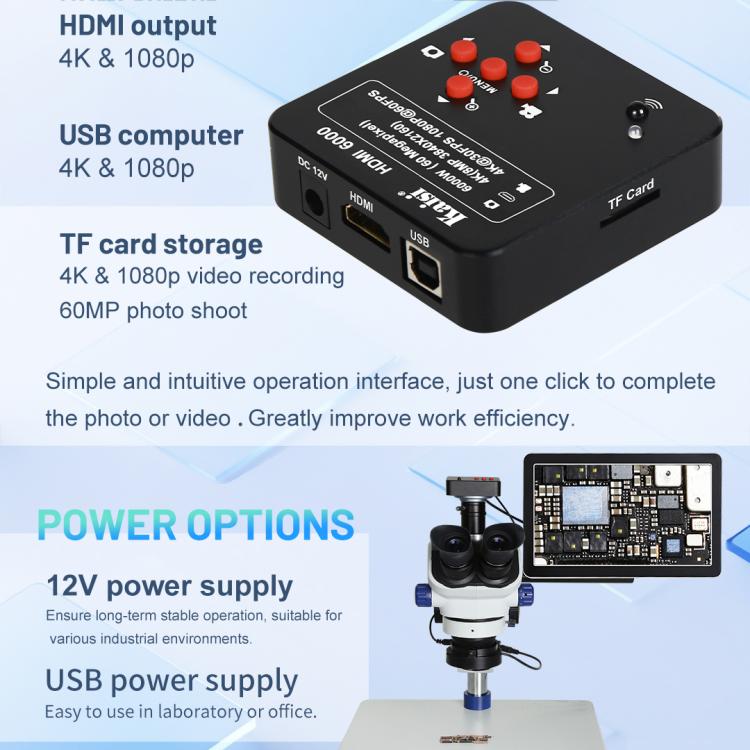 Kaisi HDMI 6000 HDMI / USB Dual Interface 60MP 4K Ultra HD Microscope Industrial Camera