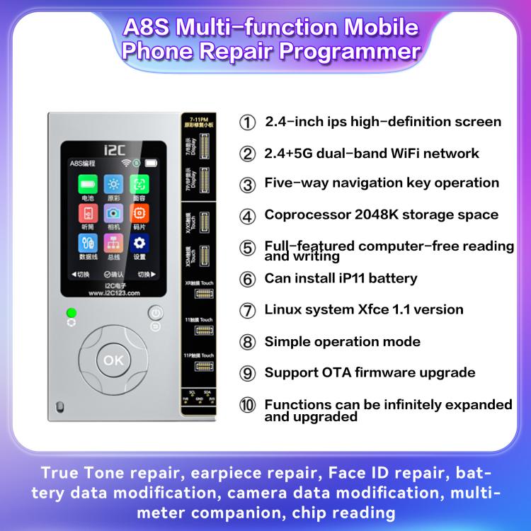 Programmateur de réparation de téléphone multifonction i2C A8S, hôte + carte True Tone 7-15 Pro Max, hôte + carte True Tone 12-15 Plus, hôte