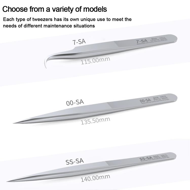 MEGA-IEDA High Hard Non-magnetic Stainless Steel Repair Tweezers, Long Tip, Short Tip, Curved Tip