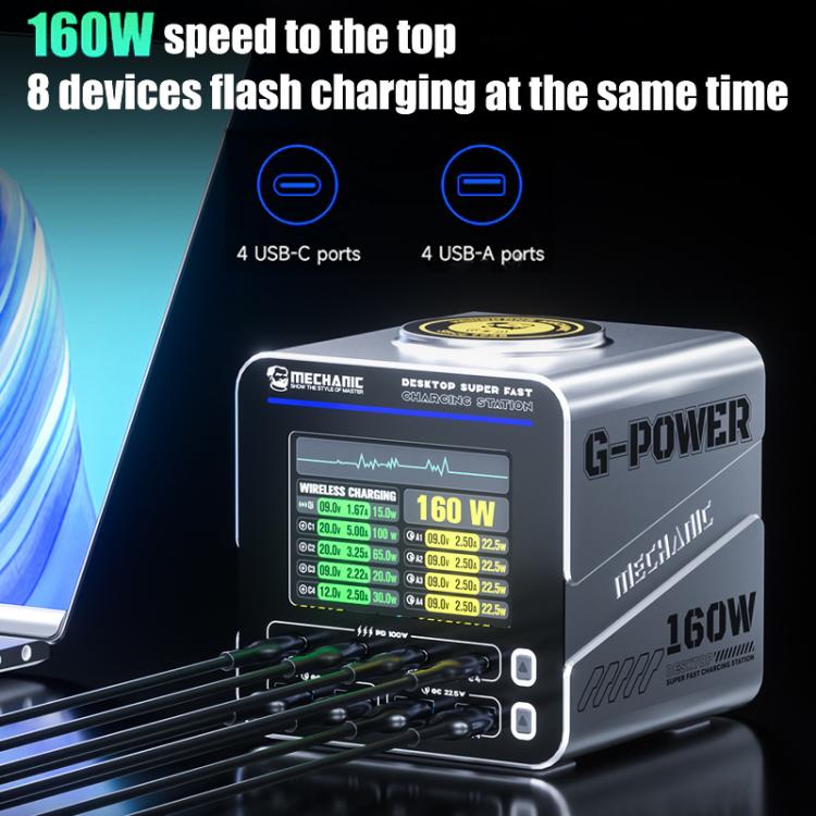 Mechanic G-POWER 160W GaN Desktop Fast Charging Station with 15W Magnetic Fast Charging, EU Plug, US Plug, UK Plug