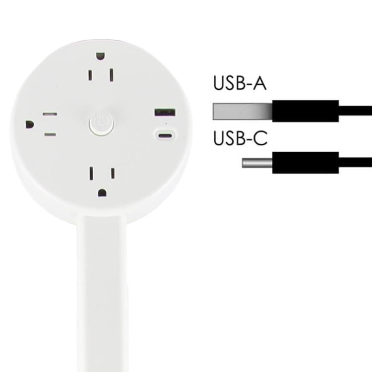 US Plug Round Power Outlet Extender Power Socket Extension Tool with USB / Type-C Fast Charging, 3 AC + USB, US Plug