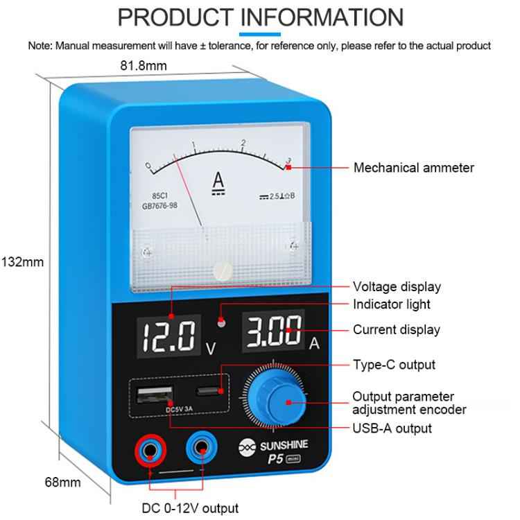 SUNSHINE P5 Mini 5V / 3A Dual Display Smart Power Supply with Pointer-type Ammeter, US Plug, EU Plug