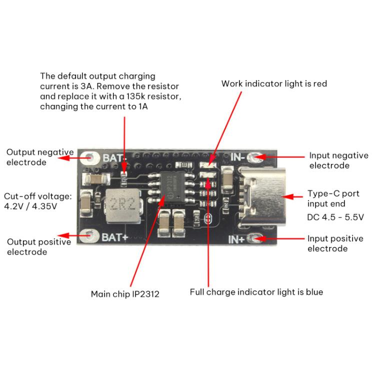 IP2312 Type-C Polymer Ternary Lithium Battery Fast Charging Board 3A 5V to 4.2V 4.35V, Battery Charging Board