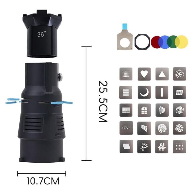 YG-90 360 Degree Rotating Bowens Mount Conical Snoot, 19 Degree Lens, 19 Degree Lens + Optical Snoot, 36 Degree Lens, 36 Degree Lens + Optical Snoot