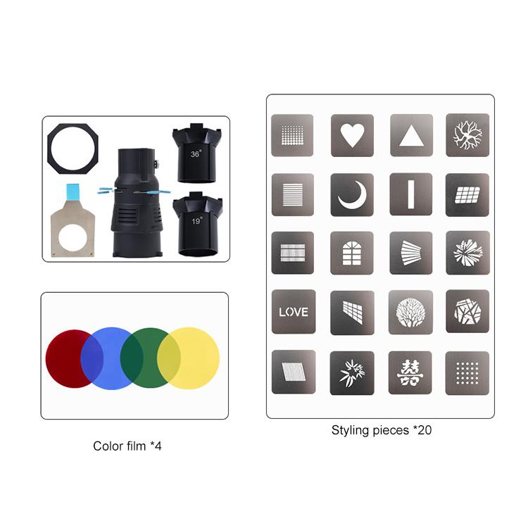 YG-90 360 Degree Rotating Bowens Mount Conical Snoot, 19 Degree Lens, 19 Degree Lens + Optical Snoot, 36 Degree Lens, 36 Degree Lens + Optical Snoot