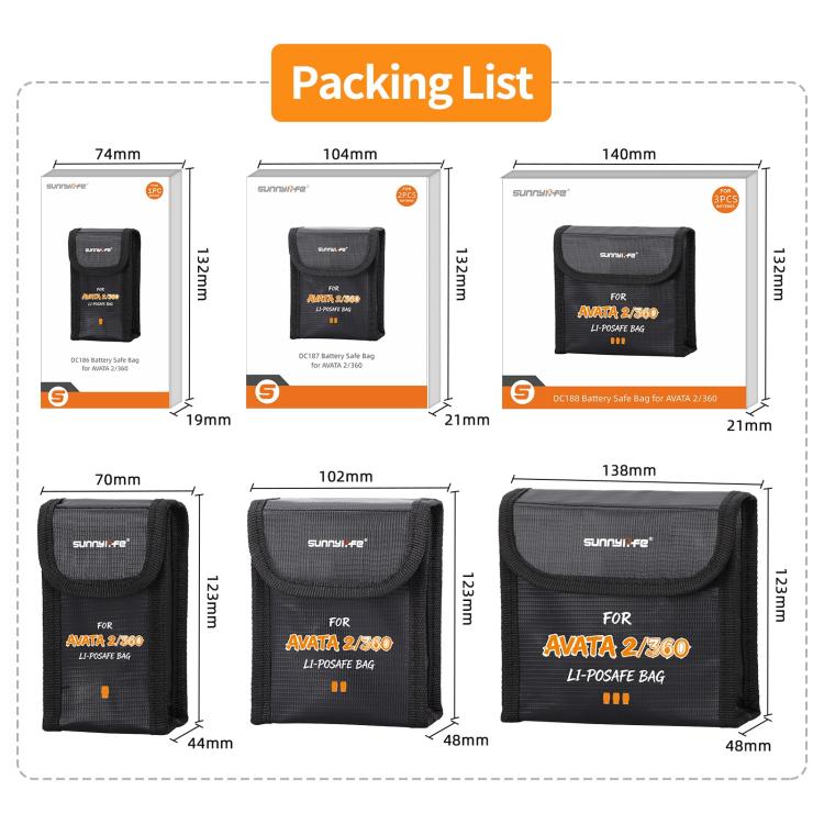 For DJI Avata 2 / 360 Sunnylife Battery Explosion-proof Safe Bag Protective Li-Po Safe Bag, For 1pc Battery, For 2pcs Batteries, For 3pcs Batteries