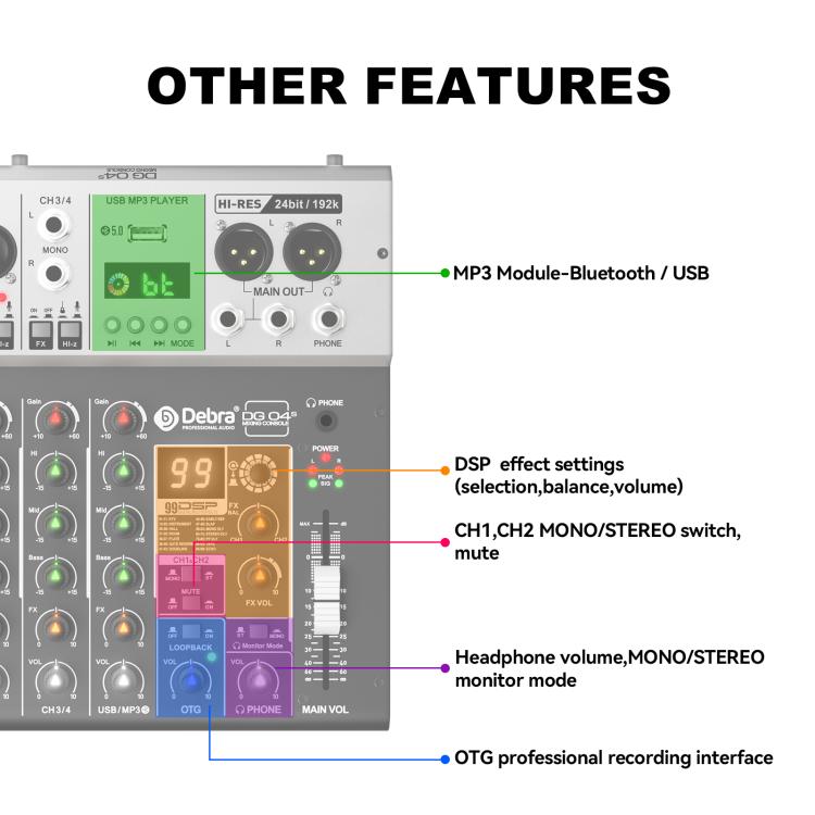 DEBRA DG04S 24bit/192kHz 4-Channels Mixer Sound Card, US Plug, EU Plug, AU Plug, UK Plug