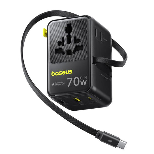 Baseus EnerCore CG11 70W Converter Travel Universal Adapter with Type-C Retractable Cable, 70W (Black)