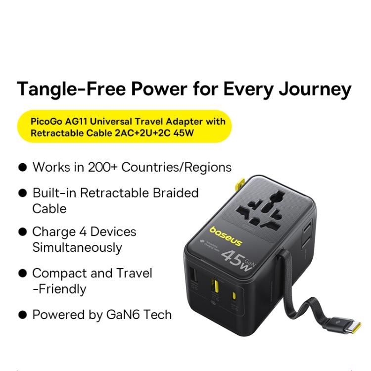 Baseus PicoGo AG11 45W Converter Travel Universal Adapter with Type-C Retractable Cable, 45W