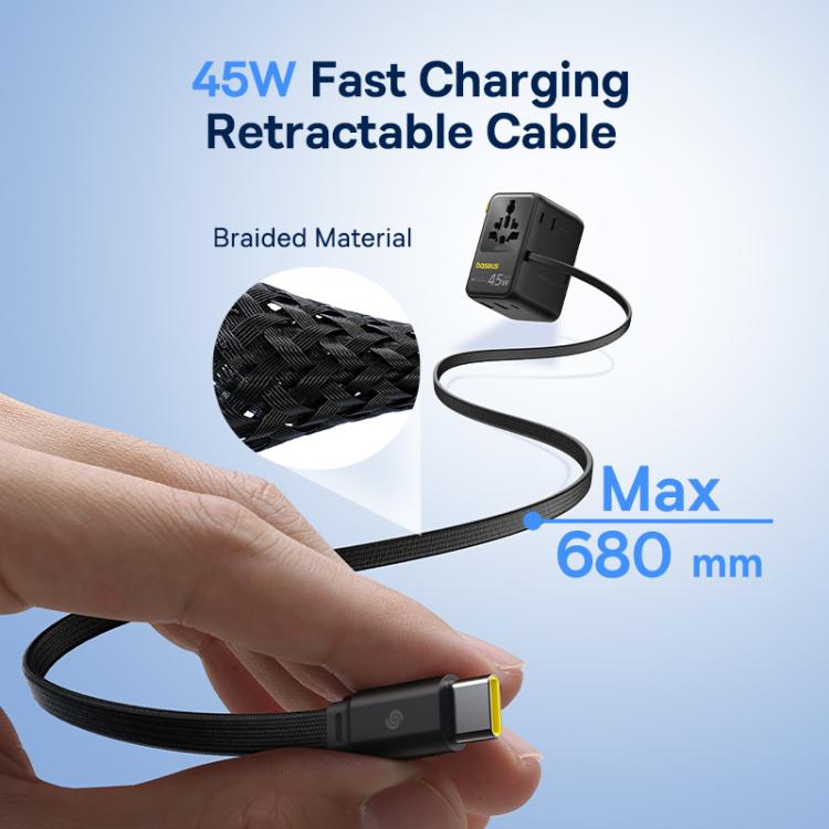 Baseus PicoGo AG11 45W Converter Travel Universal Adapter with Type-C Retractable Cable, 45W