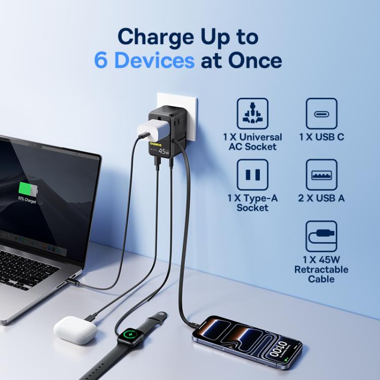 Baseus PicoGo AG11 45W Converter Travel Universal Adapter with Type-C Retractable Cable, 45W