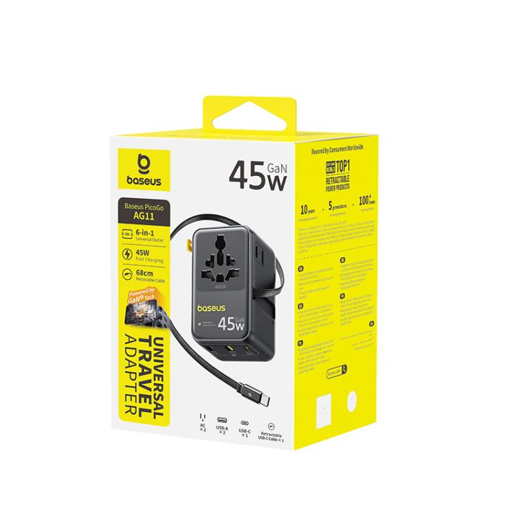 Baseus PicoGo AG11 45W Converter Travel Universal Adapter with Type-C Retractable Cable, 45W