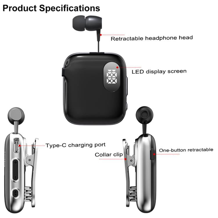 QRSC-K91 AI Edition Lavalier LED Digital Display Bluetooth Earphone with 32cm Retractable Cable