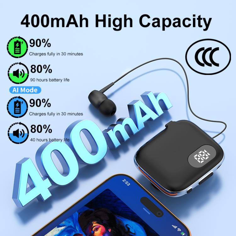 QRSC-K91 AI Edition Lavalier LED Digital Display Bluetooth Earphone with 32cm Retractable Cable