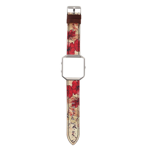 For Fitbit Blaze Retro Flowers Series Leather Replacement Strap Watchband, Red Flowers, Chrysanthemum, Green Flowers