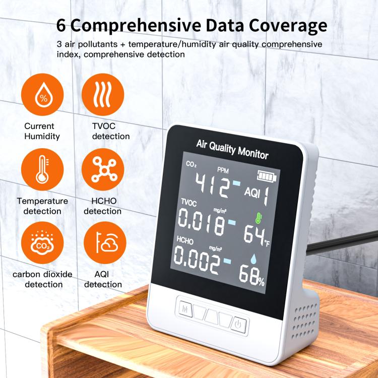 DA10 6-in-1 Smart Air Quality Monitor with 2.8-inch LCD Screen
