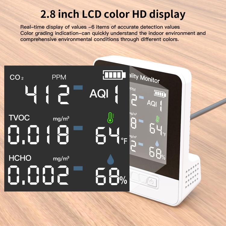 DA10 6-in-1 Smart Air Quality Monitor with 2.8-inch LCD Screen
